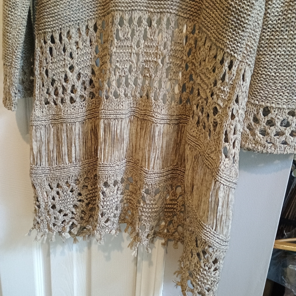Reba Boho Crochet Fringe Knit Duster Cardigan Medium Neutral‎ Tan Festival... - Picture 10 of 12